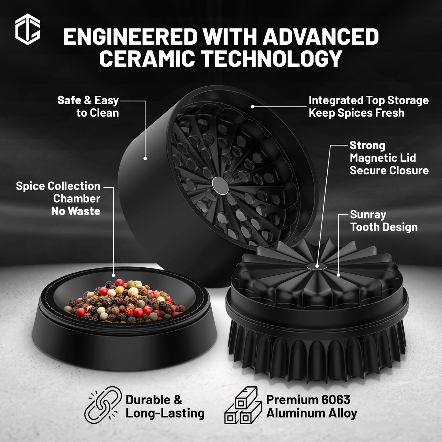 GrindTime Grinders 2.5" Toothless Nano-Ceramic Herb Grinder | Non-Stick, Clog-Free Design with Scraper, Glass Filter & Brush